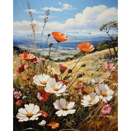 TISHIRON Paint by Numbers for Adults Field Flowers with View Valley Oil Painting Paint by Number Kits Painting Paintwork 16"x20" (Without Frame)