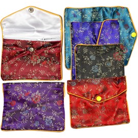 AnsonsImages 6pcs Chinese Silk Jewelry Pouches Mix Colors Red Turquoise Blue Black Gold 4.75x4 Inches