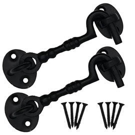 Heavy Duty Black Cabin Hook and Eye 100 mm/4 Inch Cast Iron Fancy Cabin Hook & Eye Silent Door Catch Latch Holder with Screws Cabin Hook for Shed Gate Latch 2 Pack.