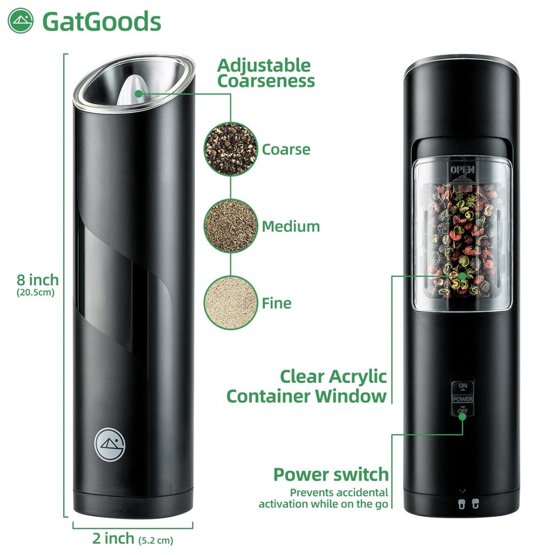 GATGOODS Gravity Electric Salt and Pepper Grinder Set, Adjustable Coarseness,