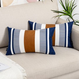 Vfuty Set of 2 Navy Blue and White Stripe Throw Lumbar Pillow Covers 12x20 inch,Faux Leather Modern Accent Boho Cushion Cover for Couch Living Room Bedroom