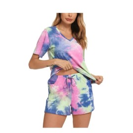 Eishopeer Women’s Tie Dye  Short Sleeve Pajama Shorts Set Colors Bright Size 2XL