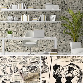 YIXIFANS J066 Vintage Newspaper Peel & Stick Wallpaper Removable Contact Paper Self Adhesive Backsplash Shelf Drawer Liner Furniture Decor Sticker 17.7 inch X 118 inch , Beige/Black