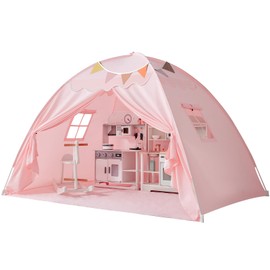 Sumbababy Toddler Bed Tent Canopy: Lights & Flags Indoor Floor Kids Play Tent Playhouse - Portable & Foldable Twin Bunk Bed Curtains - Twin Bed Tent for Girls Gifts (Pink)