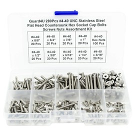 Guard4U 280Pcs #4-40 UNC Stainless Steel Flat Head Countersunk Hex Socket Cap Bolts Screws Nuts Assortment Kit- #4-40x 3/16" 1/4" 5/16" 3/8" 1/2" 5/8" 3/4" 7/8" 1"