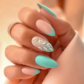 Green French Tip Press on Nails Medium Fake Nails Almond False Nails with Gold Flower Designs Acrylic Nails Natural Reusable Glue on Nails for Women Girls DIY Manicure 24PCS