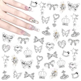 24 Pcs Silver Nail Charms, Butterfly Bow Star Planet Crown Flower Heart Nail Rhinestones Charms, Y2K Silver Nails Charm for Nails Art Supplies