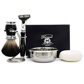 5 Pieces Men's Shaving Set in Black(Black Badger Hair Brush, 3 Different Type of Razor to Choose, Brush & Razor Holder & Shaving Soap) Blades not Included. Perfect As a Gift (Triple Edge Razor)