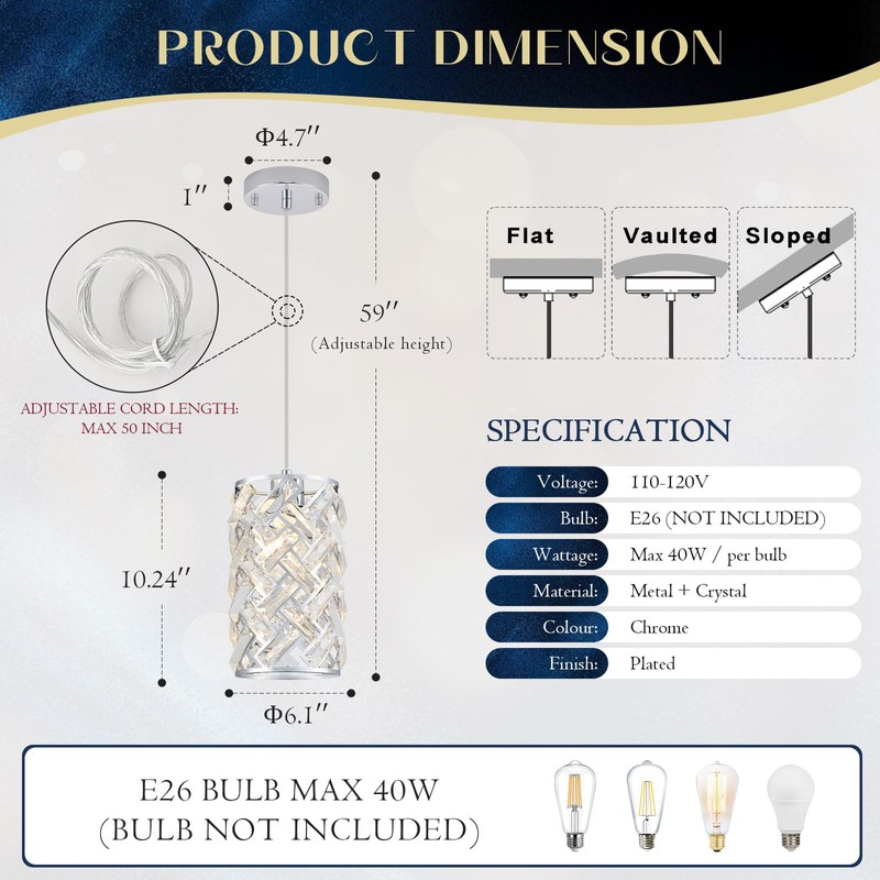 MERINEA Modern Chrome Crystal Pendant Light Fixture – Adjustable Mini