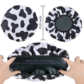 Yonchic Black Cow Print Satin Shower Cap, Three-Layer Terry Cloth Lined, with Silk Hair Ties, Microfiber Waterproof Reusable Large Size Shower Cap for Women Long Thick Hair