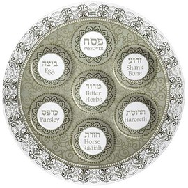 Ayuni Gifts of the World Elegant Painted Glass Large Passover Seder Plate 16" + Satin Matzah Cover + Embroidered Pillow Cover (Off White)