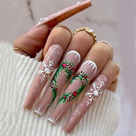 Christmas Press on Nails Extra Long Acrylic Nails Snowflake Christmas Tree False Nails Rhinestones Artificial Fake Nails Full Cover Coffin Nails Xmas Nail Art Decorations Glue on Nails for Women