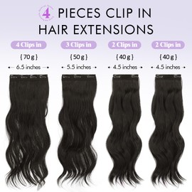 Sofeiyan Clip-In Extensions, 4 Pieces, 50 cm Long Wavy Hair Extensions for Women, Natural Wavy, Natural Black, Soft Synthetic Clip-In Hairpieces for Daily Party
