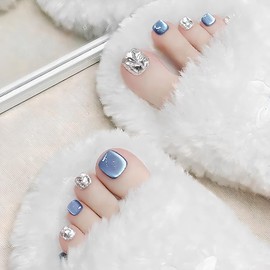 [NEURAD]ネイルチップ 足用 青 24枚入 フットネイル フットネイルチップ 足用ネイルチップ マグネット 夏 付け爪 猫目石 可愛い 人気 シンプル