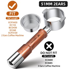51MM Naked Bottomless Portafilter 2 Ears Fits Delonghi ECP3420/EC155/BCO430/EC260 with Puck Screen & Stainless Steel Filter Basket,Walnut Handle