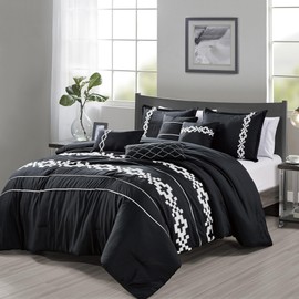 ESCA 7-Piece Myisha Black & White Comforter Set Geometric Embroidery Bedding Queen Size
