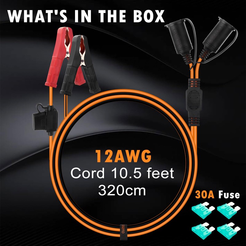 12 AWG Battery Extension Cord, Dual Socket Cable with Alligator
