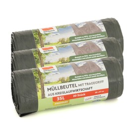 Bin Liners with Carry Handle, Grey, 95% Recycled Material (Grey 35 L, Pack of 3)