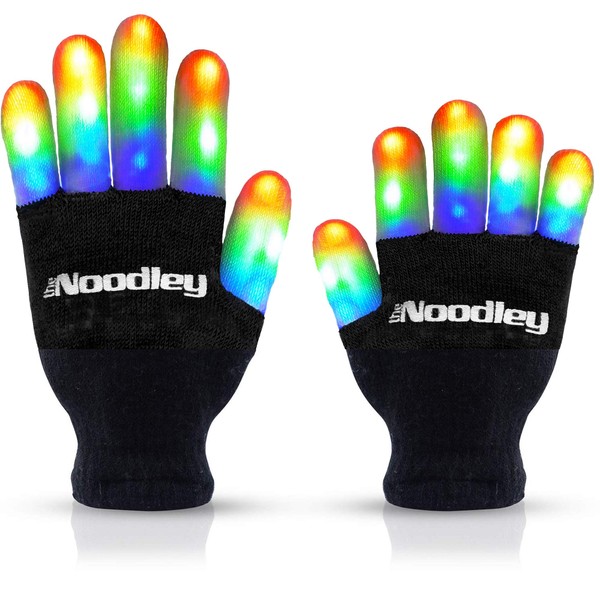 The Noodley Flashing LED Finger Light Gloves with Extra Batteries - Kids and Teen Sized Ages 8-12 (Medium, Black)