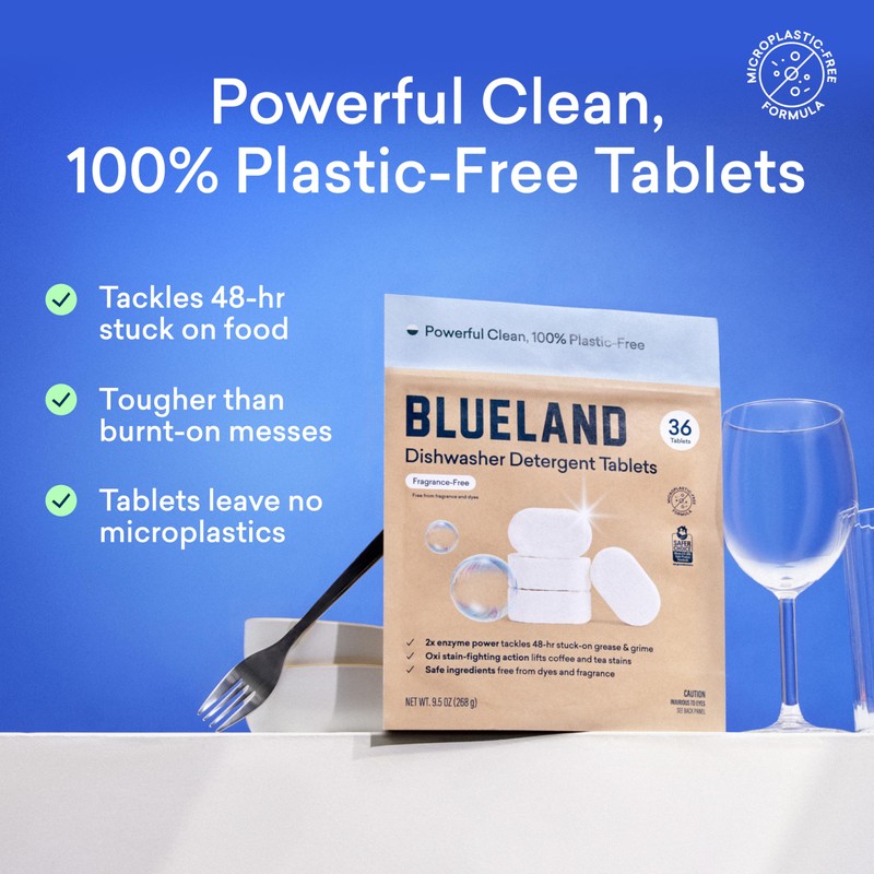 BLUELAND 100% Plastic-Free Dishwasher Detergent Tablets, 60 Count, Free &