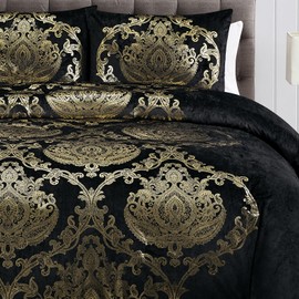 Sunshine Nicole Metallic Print Comforter Set, Distressed Velvet Face with Metallic Foil Print and Brushed Solid Microfiber Reverse, with Light Weight Soft Poly Fill, 3 Pieces Black Gold, Queen
