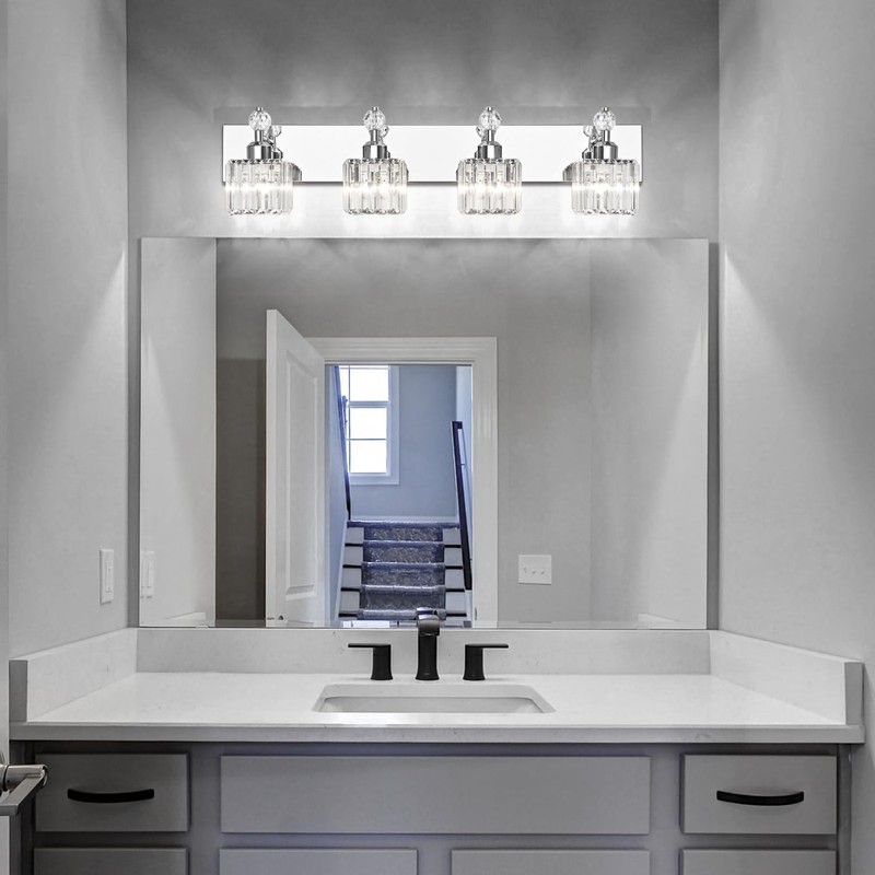 PRESDE Bathroom Vanity Light Fixtures, Modern Crystal Chrome 4 Light