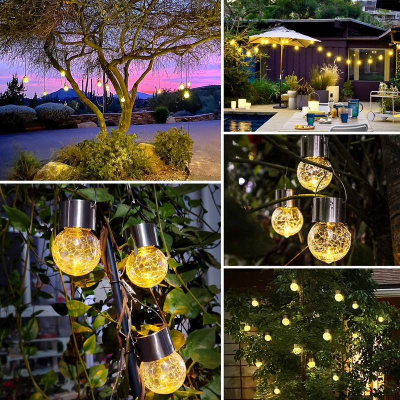 12Pack Hanging Outdoor Solar Lights - Decorative Cracked Glass LED