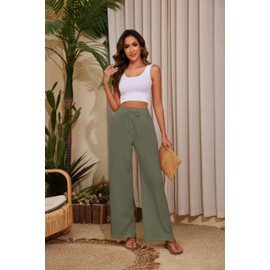 KICZOY Women Summer Pants Flowy Pants Drawstring Waist Wide Leg Palazzo Beach Pants Loose Fit with Pockets Army Green