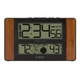 La Crosse Technology 513-1417CH-INT Atomic Digital Clock with Temperature and Moon Phase, 11.10"L x 1.14"W x 6.61"H, Cherry