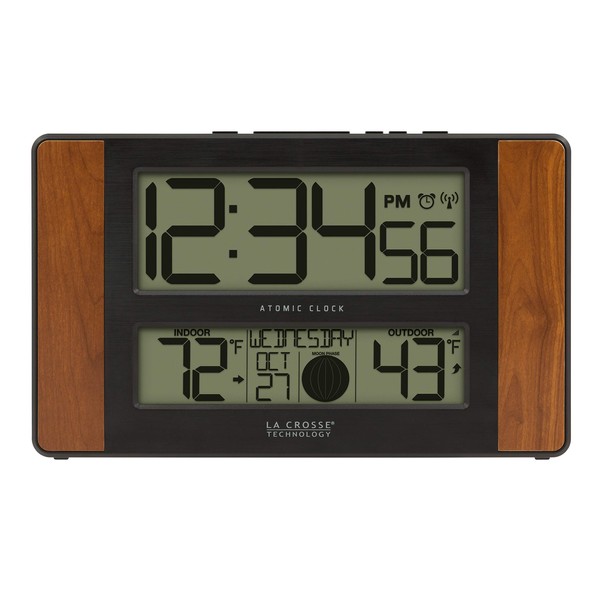 La Crosse Technology 513-1417CH-INT Atomic Digital Clock with Temperature and Moon Phase, 11.10"L x 1.14"W x 6.61"H, Cherry