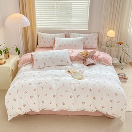 Nyescasa Bed Linen 135 x 200 cm White Pink Tulips Duvet Cover Girls Children Soft Microfibre Floral Pattern Reversible Bedding Set with Zip and Pillowcase 80 x 80 cm
