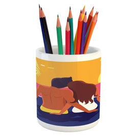 Ambesonne Graphic Beach Pencil Pen Holder, Romantic Couple Sits on Coast and Watches Sunset Horizon in Abstract Colors, Ceramic Pencil Holder for Desk Office Accessory, 3.6" X 3.2", Multicolor