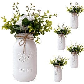 Mason Jar Centerpieces for Wedding Centerpieces for Table Decorations, 32 oz Quart Size Mason Jars WITH Artificial Flowers, White Vases Baby Shower Decoration, Baptism Table Decor, Rustic Floral