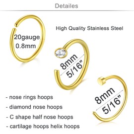 QWALIT Nose Rings Hoops Half Hoop Nose Ring C Shape Nose Hoops Cartilage Hoop Earring Cartilage Earring Hoop Helix Hoop Earring Small Hoop Earrings for Cartilage Tragus Hoop Earring 20g 8mm