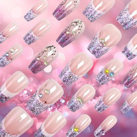 24Pcs French Tips Press on Nails Glossy Purple Glitter Medium Coffin False Nail Rhinestones Acrylic Full Cover Fake Nails Curve Gel Glue on Fingernails Sequin Stick on Nail for Holiday Manicure Art
