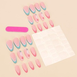 French Tip Press on Nails Medium Almond Fake Nails Natte Acrylic Nails with Flowers Artificial Nails Blue Pink Nail Tip False Nails Full Cover Stick on Nails for Women Manicure 24Pcs