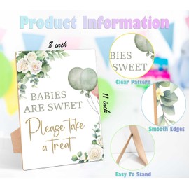Sage Green Baby Shower Table Sign, Babies Are Sweet Please Take a Treat Sign, Pack of 1 Wooden Tabletop Sign with Stand, Greenery Balloons Baby Shower Supplies, Gender Reveal Party Decorations - RG01