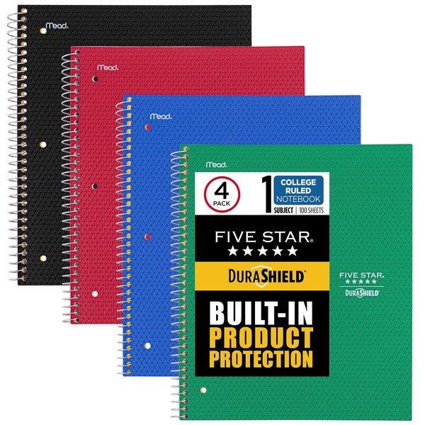 Five Star DuraShield Notebooks with Antimicrobial Front Covers, 4 Pack, 1 Subject, College Ruled Paper, 11" x 8-1/2", 100 Sheets, Black, Red, Blue, Green (820029-ECM)