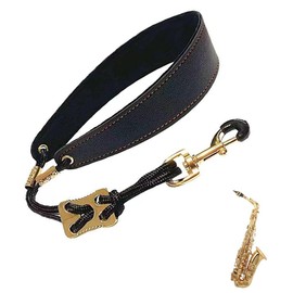 Adult and children's saxophone neck strap with soft leather padded shoulder support, adjustable for alto, tenor, and soprano saxophones, including clarinet and electronic wind instrument options