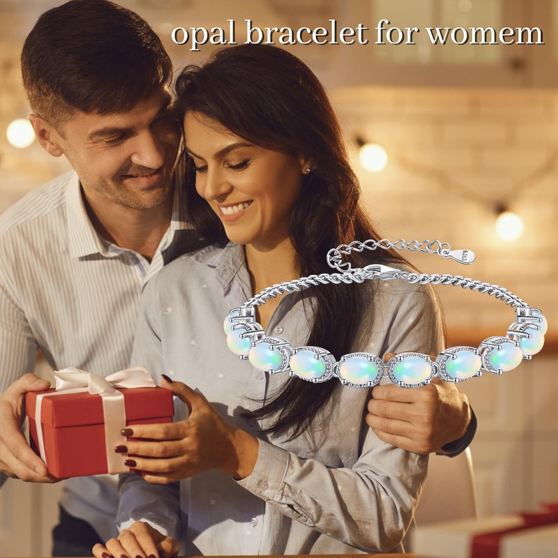 JERWLI Natural Opal Bracelet for Women Sterling Silver White Opal