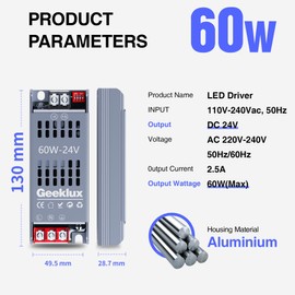 LED Power Supply Transformer 24 V Dimmable 60 W, LED Transformer 220 230 Volt AC to 24 Volt DC, LED Driver No Noise, No Flicker, IP20 Compact Extremely Thin for Strip Light 3D Printer