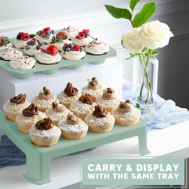 MosJos EXTRA TALL DOME 24 Cupcake Carrier, Green Cupcake Holder Carries 24 Cupcake Storage Container, Muffin Traveler Two Tier Stand Reusable Cupcake Box