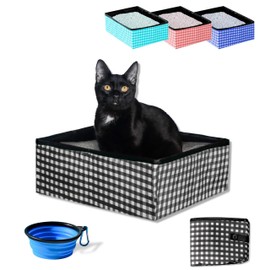Pet Fit For Life Collapsible Portable Cat Litter Box (16"x12"x5") - Foldable and Packable Travel Litter Box for Cats - Includes Bonus Water Bowl - Black