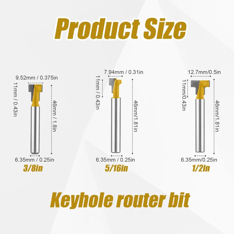 3pcs Keyhole Router Bits Set, 1/4" Shank T Slot Cutter