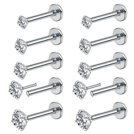 10 anillos de labios de 16 G sin rosca, aretes de acero inoxidable para cartílago para mujer, aretes de nariz de 1,5 mm, 2,5 mm, 3 mm, 4 mm, joyería redonda de vidrio para la nariz para mujeres y hombres (8 mm), 16G 8MM Lip Stud, Acero inoxidable, circon