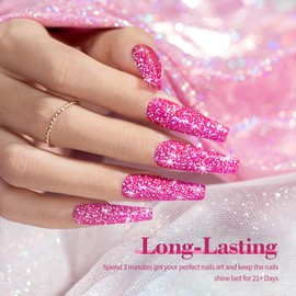 RARJSM Reflective Glitter Gel Nail Polish Sparkling Diamond Neon Pink Gel Polish Holographic Iridescent Shimmer LED UV Soak Off Sparkle Hot Pink Gel Polish Nail Art Manicure Salon DIY at Home