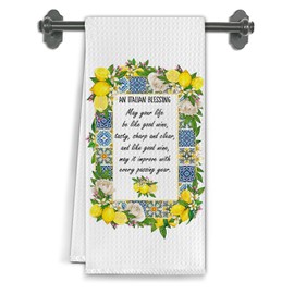 Elefeltclave Italian Blessing Lemon Kitchen Towels, Italian Floral Lemon Dish Tea Towels for Kitchen Decor, Mediterranean Tiles Lemons Decorative Hand Towel for Bathroom, 16x24 Inch