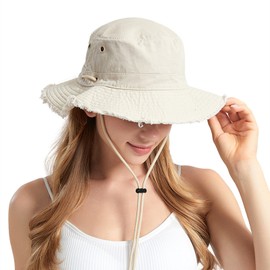 MLPKOI Sun Hats for Women, Foldable Summer UV Protection Beach Hat Wide Brim Packable Bucket Hat with Frayed Edge Adjustable Fishing Hat for Hiking Gardening Outdoor White