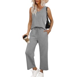 WIHOLL Lounge Sets for Women Airport Outfits V Neck Tops Matching Sets Wide Leg Crop Pants Loungewear Set Grey L