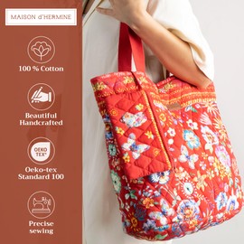 Maison d' Hermine Shopping Bags Cotton Quilted Tote Bag with Zipper Pockets & Small Pouch Reusable Shoulder Grocery Bag for Gifts Beach Travel Lunch Perfect for Men Women (Happy Florals - Red)